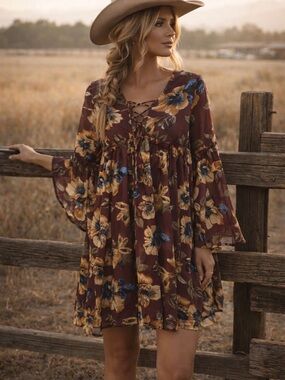 Altar'd State Burgundy Floral Tie-Front Dress with Mustard & Navy Blooms